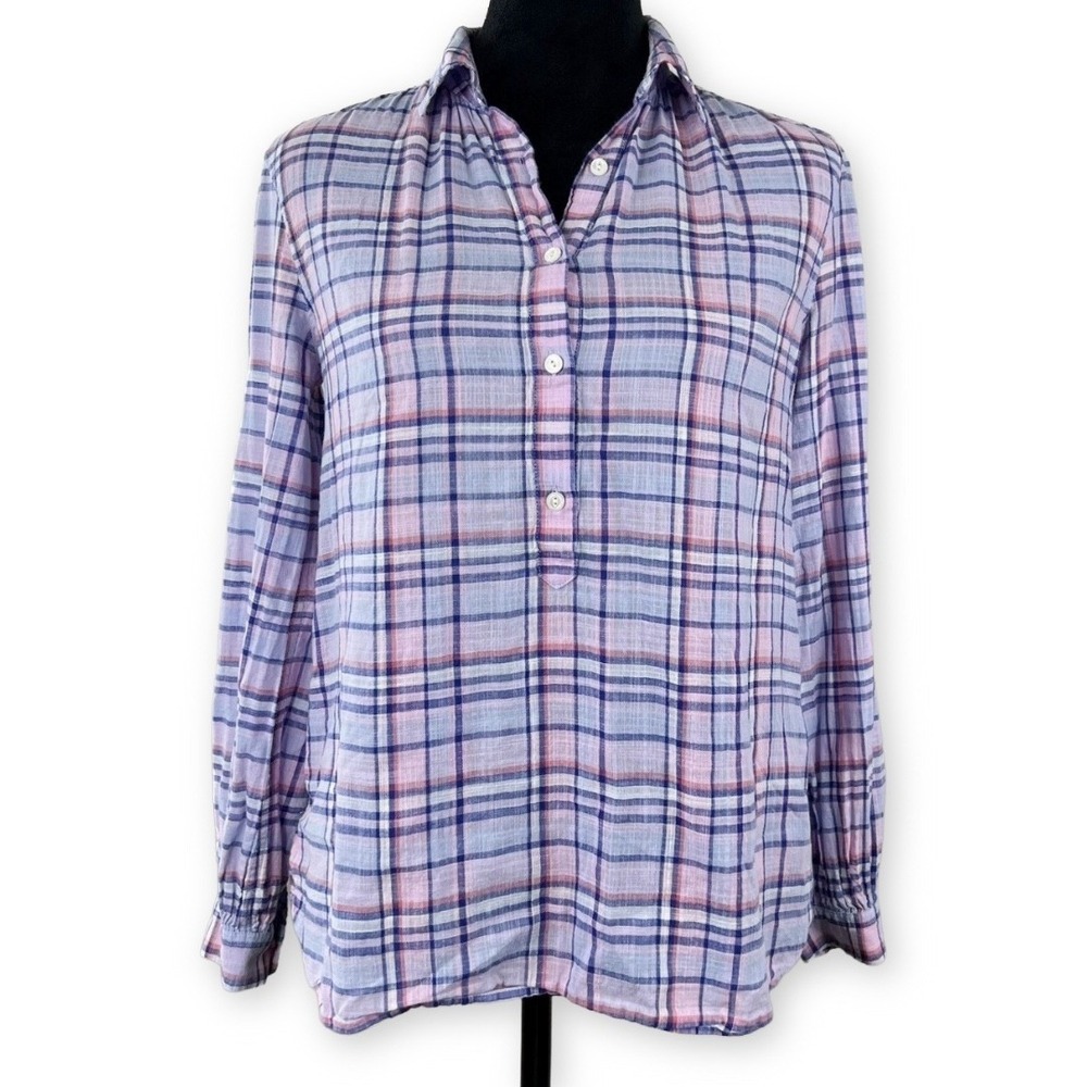 J.Crew Womens Plaid Long Sleeve Henley Tunic Top Lavender Pink Blue Size 2